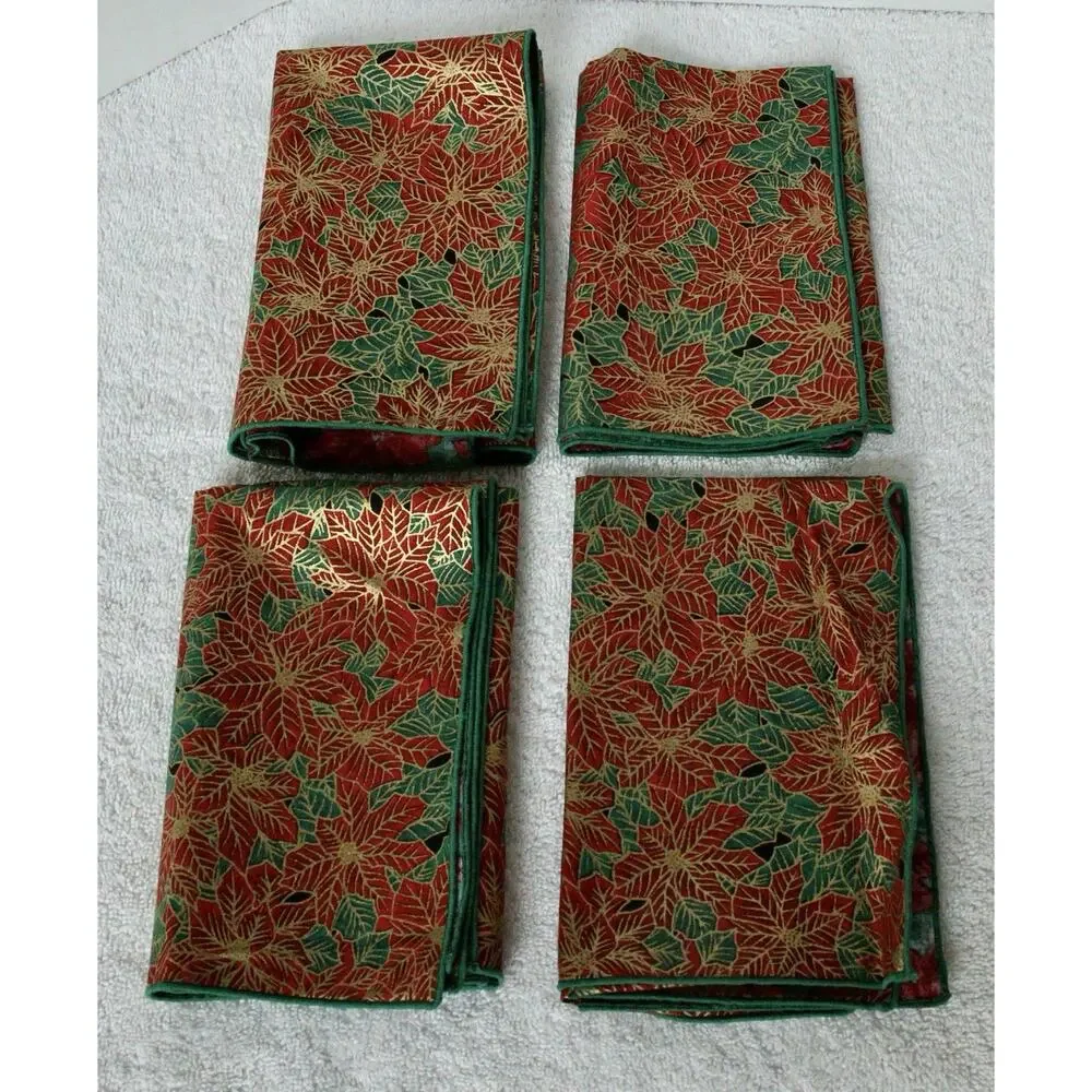 Set of 4 Christmas Poinsettia Cloth Napkins Red Green Gold Holiday Table Linen